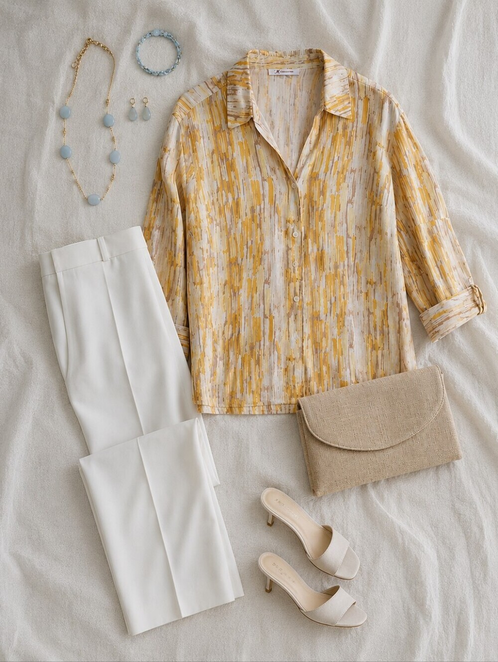 Linen Blend Butter Yellow & Cream Button-Front Blouse | Roll Tab - Picture 4 of 5